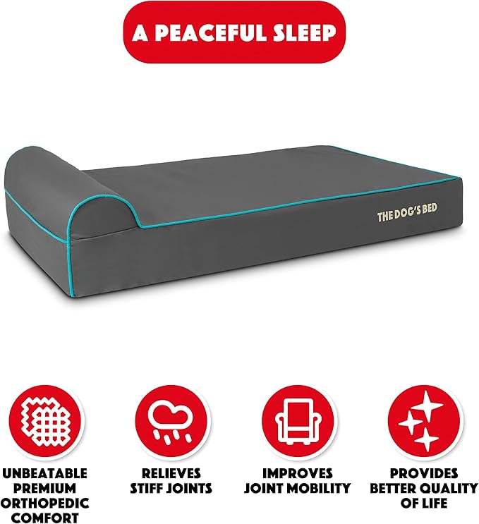 The Dog’s Bed Orthopedic Headrest Dog Bed XL Grey/Blue, Memory Foam, Pain Relief for Arthritis, Hip & Elbow Dysplasia, Post Surgery, Lameness, Waterproof Washable Cover, Veterinary Approved
