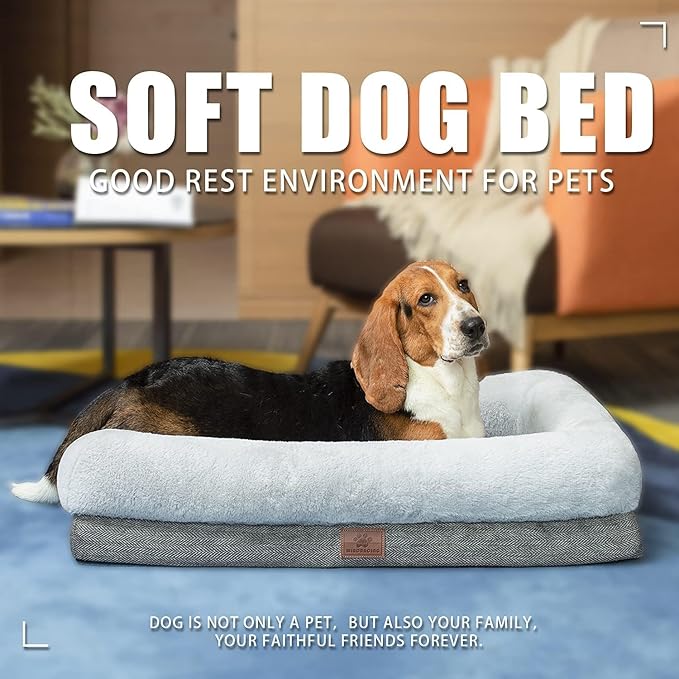 WINDRACING Orthopedic Dog Bed for Large Dogs, Bolster Sides Dogs Sofa Bed with Removable Washable Cover & Non-Skid Bottom, Soft Pet Bed with Egg Foam Dog Couch for Sleeping, 36 x 23 Inch, Gray