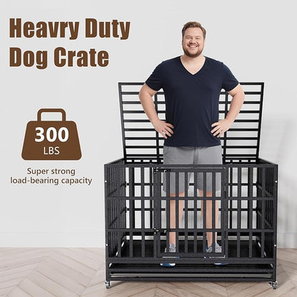 SHUSHIM Enhanced Heavy Duty Dog Kennel Crate Cage with Strong Metal Frame, Double Doors and Lockable Wheels, for Extra Large Dog Breeds, Pet Playpen (Square, 48 inch)