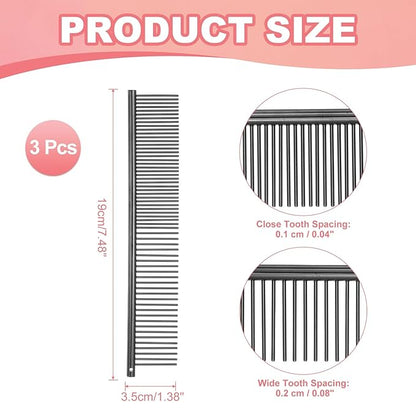 PETAXCELL Dog Cat Comb, Pet Combs Stainless Steel Teeth with Rounded Ends for Knots Mats Loose Hair Removal, 7.5IN (Black Plated, 3 Pack), Grooming Tool Intended for Long Curly Hair Pet