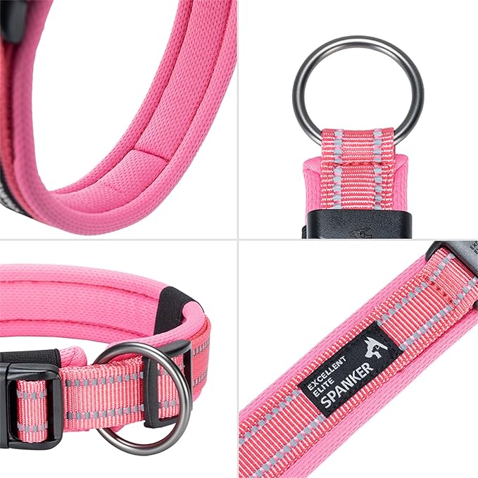 EXCELLENT ELITE SPANKER Reflective Dog Collar Classic Soft Padded Breathable Nylon Adjustable Pet Collar with Quick Release Buckle for Boy Girl Male Female Small Medium Large Dogs Training(Pink-XL)