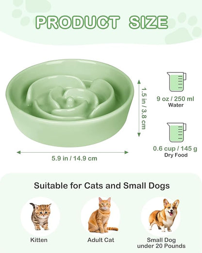 TRUVIC Ceramic Slow Feeder Dog Bowls Small Breed, 0.6 Cup Slow Feeder Cat Bowls for Fast Eaters, Ceramic Dog Food Dish no Black Chin, Puzzle Bowl for Small Dogs and Cats, Green