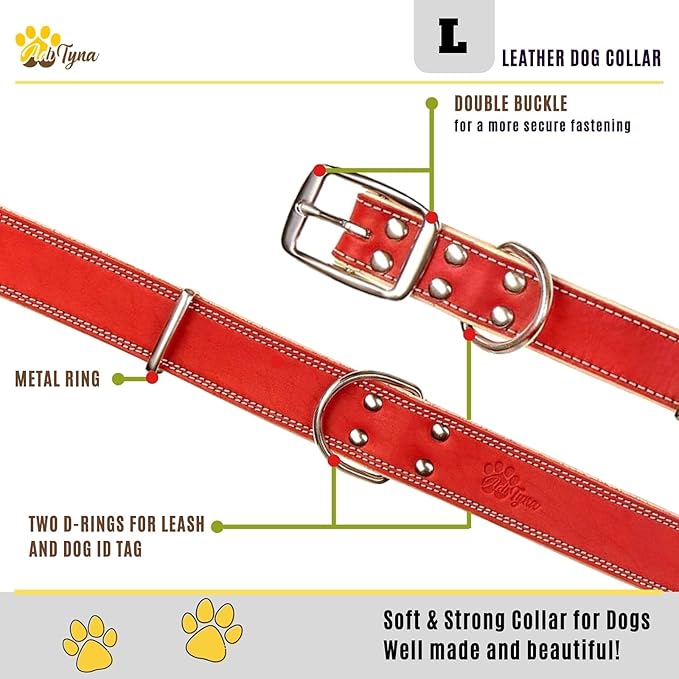 ADITYNA Heavy-Duty Leather Dog Collar for Large Dogs - Soft Padded for Comfort - Red Dog Collar for Walking, Training, and Hiking