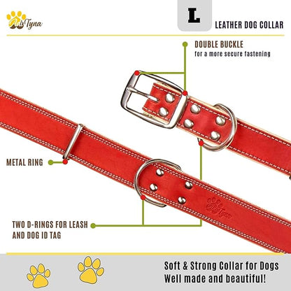 ADITYNA Heavy-Duty Leather Dog Collar for Large Dogs - Soft Padded for Comfort - Red Dog Collar for Walking, Training, and Hiking