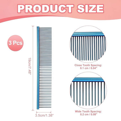PETAXCELL Dog Cat Comb, Pet Combs Stainless Steel Teeth with Rounded Ends for Knots Mats Loose Hair Removal, 7.5IN (Blue Plated, 3 Pack), Grooming Tool Intended for Long Curly Hair Pet