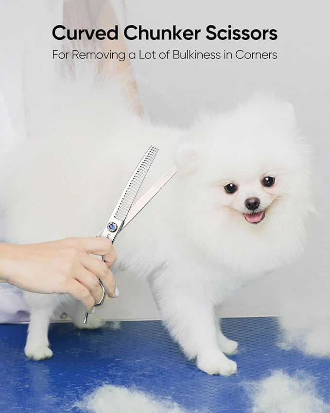 ULG 7.0" Curved Professional Dog Grooming Shears 30-Tooth Precision Thinning (55-60%) Japanese 440C Stainless Steel Adjustable Tension & Universal Left & Right Hand Use