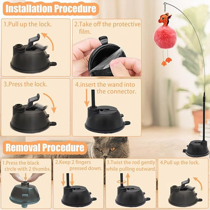 OODOSI 4-in-1 Interactive Cat Toys Set with Suction Cup Wand, Hanging Cat Toys, Fishing Pole Cat Wand & Kitten Balls- Includes Variety Replaceable Worms, Feathers for Indoor Bored Cats for Exercise