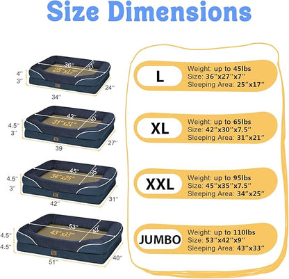 Washable Orthopedic Large Dog Bed - Extra Large Dog Bed with Bolsters Removable Orthopedic Foam Support Dogs Beds for XL Large Size Pet with Waterproof Cover Non-Slip Bottom