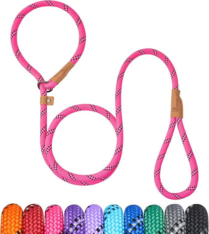 5 FT Slip Lead Dog Leash, Heavy Duty Rope Leash for Small Medium Large Dogs, No Pull Training Lead with Reflective Thread, Strong Comfortable Loop Leash (Pink Stripe, Large(1/2"))