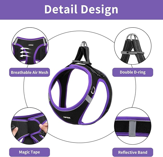 AMTOR Small Dog Harness with Leash Set, No Escape Easy Walk Puppy Harnesses for Training Walking, Step-in Reflective Soft Dogs Vest for XS S Medium Extra-Small Large Sized Dog(L,Black/Purple)