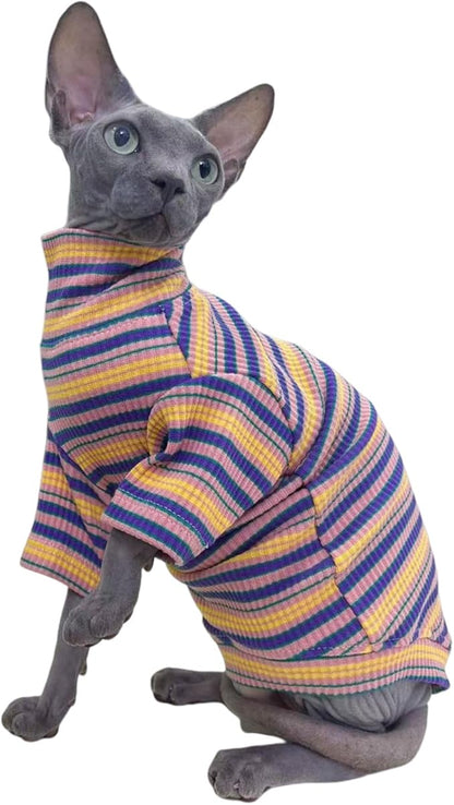 Turtle Neck Vintage Stripes Sphynx Hairless Cat Cotton T-Shirts Pet Clothes Vest Kitten Shirts Sleeveless, Cats & Small Dogs Apparel (Rose Garden, XXL (13-16 lbs))