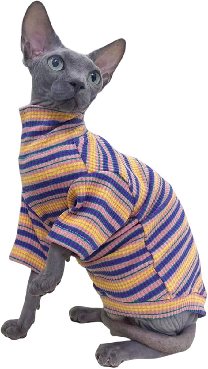 Turtle Neck Vintage Stripes Sphynx Hairless Cat Cotton T-Shirts Pet Clothes Vest Kitten Shirts Sleeveless, Cats & Small Dogs Apparel (Rose Garden, XL (9-12.5 lbs))