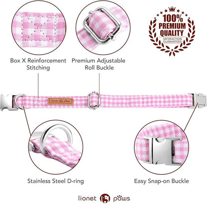 Lionet Paws Dog Collar with Bowtie, Comfortable Adjustable Cute Pink Gingham Bow Tie Collar for Female Puppies and Cats Gift, XXS, Neck 7-11 inches