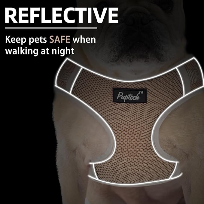 PUPTECK Small Dog Harness and Leash Set, No Pull Adjustable Puppy Cat Harness, Reflective Soft Mesh Pet Vest Small Sized, Khaki, XS