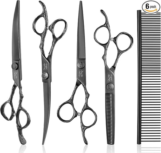 JASON Dog Grooming Scissors Set Professional 6 in 1 Dog Shears Kit - 6.5" Thinning, 7" Straight, 7" Up-Curved, 7" Down-curved Shears and Comb for Dog Cat Pet with Adjustable Screw (Black) Christmas