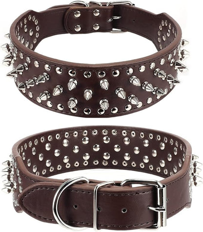 Hoot PU Leather Adjustable Spiked Studded Dog Collar 2" Wide 43 Spikes (L(Neck 21"-24"), Dark Brown)
