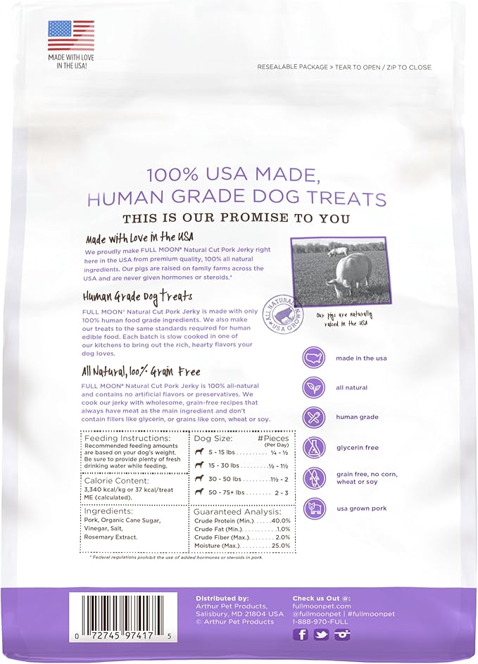 Full Moon Natural Cut Pork Jerky Healthy All Natural Dog Treats Human Grade Grain Free 10 oz (Pack of 2)