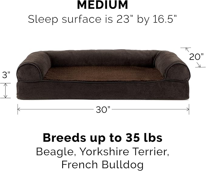 Furhaven Cooling Gel Dog Bed for Medium/Small Dogs w/ Removable Bolsters & Washable Cover, For Dogs Up to 35 lbs - Sherpa & Chenille Sofa - Coffee, Medium