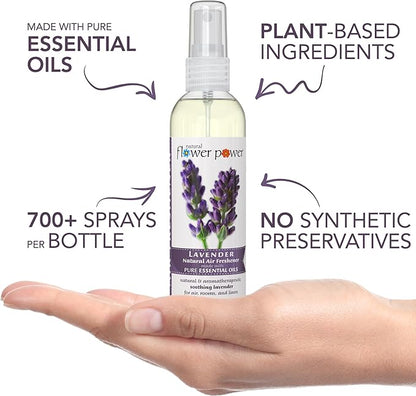 Natural Flower Power Air Freshener Spray - Odor Eliminator with Essential Oils for the Home, Car & Fabric - Cruelty Free & Vegan - 3 Pack - Lavender - 3 x 4 oz
