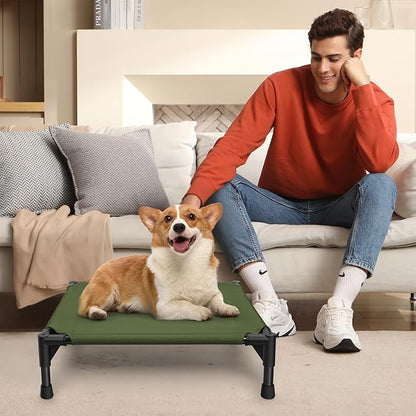 Love&go Elevated Dog Bed with Metal Frame, Cooling Raised Pet Cot for Dog and Cat (S - Olive Green, Small-18.5x18.5x5.5 inch)