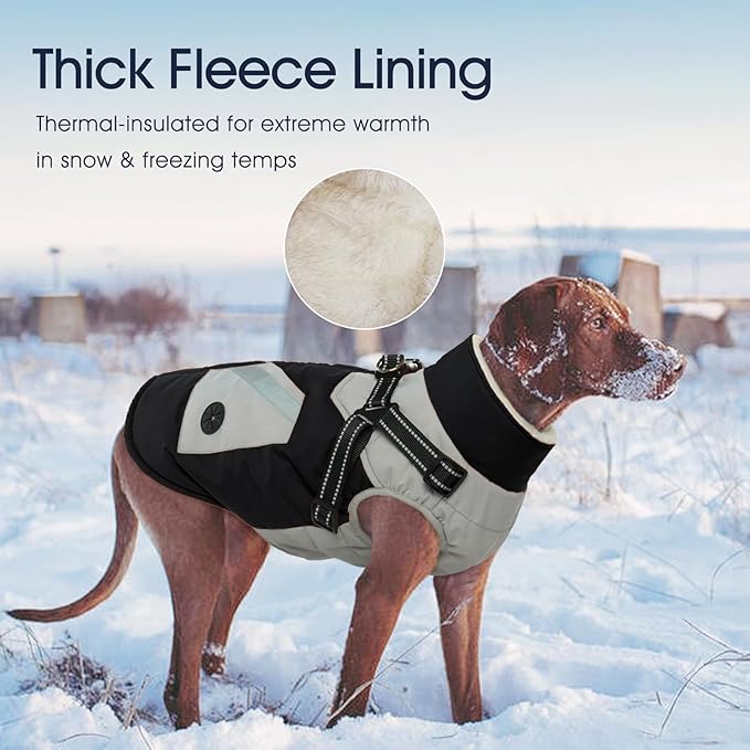 IECOii Dog Jacket Winter Harness Built in -Black,XXXLarge- Zip Up Dog Coat Winter Clothes for Large Dogs Waterproof, Dogs Snowsuit Snow Jacket D-Rring Labrador German Shepherd Doberman Rottweiler