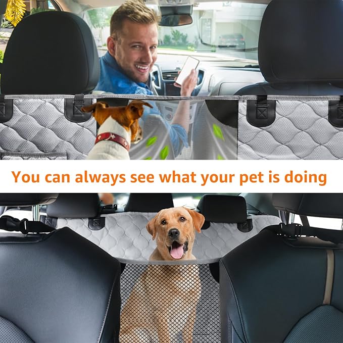 PETICON Dog Car Seat Cover with Mesh Window, 100% Waterproof Pet Seat Cover for Back Seat, Scratchproof Dog Hammock for Cars, Trucks, SUVs, Jeeps (Gray)