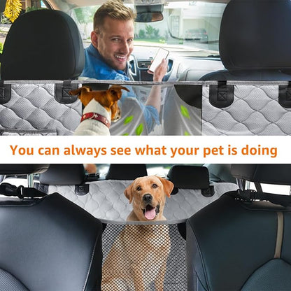 PETICON Dog Car Seat Cover with Mesh Window, 100% Waterproof Pet Seat Cover for Back Seat, Scratchproof Dog Hammock for Cars, Trucks, SUVs, Jeeps (Gray)