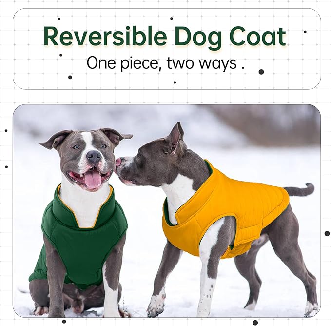 Lelepet Reversible Dog Coat Waterproof Dog Jacket Windproof Puffer Vest for Winter Warm Lightweight Coats for Small Dogs Adjustbale Hook & Loop Pet Apparel with Leash Hole, Pug, Green, M