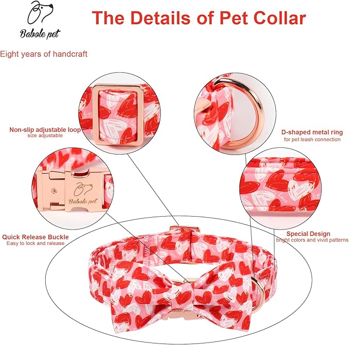 Valentines Dog Collar with Bow Tie - Cute Valentine Doodle Hearts Pink Girl Bowtie Dog Collar, Adjustable Metal Buckle Dog Collars for Small Medium Large Dogs L