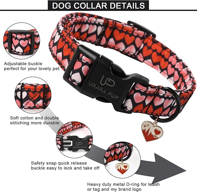 Pink Heart Dog Collar, Medium, Cotton, Valentine's Gift, Small & Medium Dogs