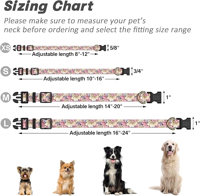 Reflective Dog Collar for Large Dogs, Cute Flower Theme Adjustable Heavy-Duty Nylon Puppy Collar for Boy and Girl Female, Soft Pet Accessories with Quick Release Buckle, Colorful Floral