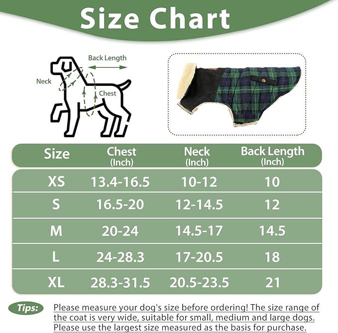 Preferhouse Winter Coat for Small and Medium Dogs, Puppy Plaid Jacket, Cotton Coat for Cold Weather, Windproof Warm Dog Garments, Pet Thickened Outfits Indoor Outdoor, Green S