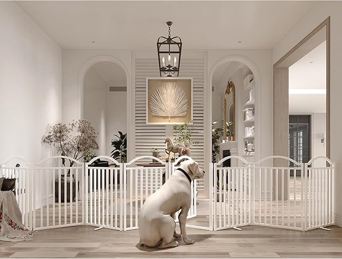 BHG Metal No-Assembly Freestanding Dog Gate with Door Walk Through, Extra Wide 96", Extra Tall 32" Pet Gate, Accordion Puppy Folding Playpen Dog Fence, with 4PCS Support (White, 8 Panels)