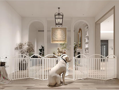 BHG Metal No-Assembly Freestanding Dog Gate with Door Walk Through, Extra Wide 96", Extra Tall 32" Pet Gate, Accordion Puppy Folding Playpen Dog Fence, with 4PCS Support (White, 8 Panels)