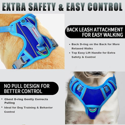 BARKBAY No Pull Dog Harness Large Reflective Dog Harness with Front Clip and Easy Control Handle for Walking Training Running with ID tag Pocket(Sapphire Blue & Blue,S)