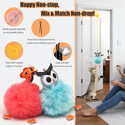 OODOSI 4-in-1 Interactive Cat Toys Set with Suction Cup Wand, Hanging Cat Toys, Fishing Pole Cat Wand & Kitten Balls- Includes Variety Replaceable Worms, Feathers for Indoor Bored Cats for Exercise