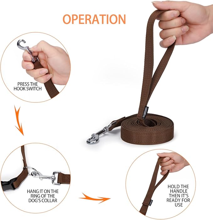 Siumouhoi Strong Durable Nylon Dog Training Leash, 1 Inch Wide Traction Rope, 6 ft 10ft 15ft Long, for Small and Medium Dog (Brown, 10 Feet)