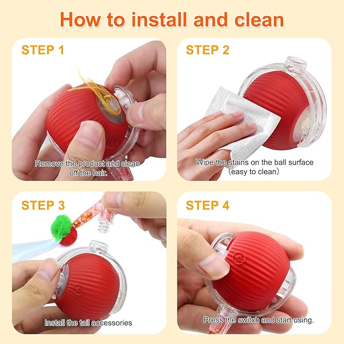 JUBBPDX Interactive Cat Toys for Indoor Cats, Automatic Kitten Toys for Bored Indoor Adult Cats, Smart Kitten Rolling Ball Moving Balls Toy, Rechargeable Dog Cat Ball for Enrichment Exercise (Red)