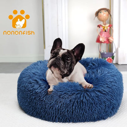 Calming Donut Dogs Beds for Small Dogs Washable,23inch Plush Round Pet Bed for Cozy Sleep,Fluffy Faux Fur Large Cat Bed,Fits up to 25 lbs Pets,Navy Blue