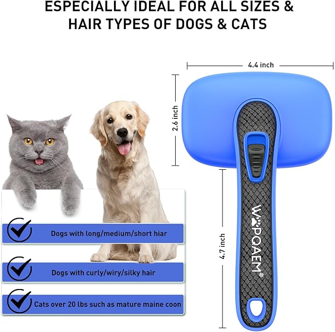 WOPQAEM Self Cleaning Slicker Brush for Dog, Cat, Skin Friendly Shedding & Grooming Tool for Long and Short Haired Pets, Easy Clean Retractable Bristles, Blue