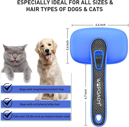 WOPQAEM Self Cleaning Slicker Brush for Dog, Cat, Skin Friendly Shedding & Grooming Tool for Long and Short Haired Pets, Easy Clean Retractable Bristles, Blue