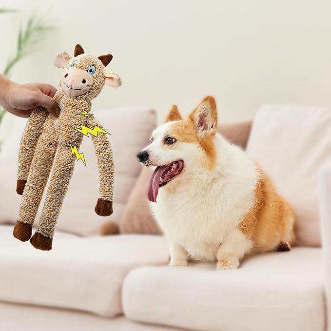 BUYPOW Cattle No Stuffing Dog Toys for Large Dogs, Squeaky Crinkle Interactive Dog Animals, Plush Teething Toys to Keep Them Busy, Cute Funny Dogs Gifts for Small Medium Large Breed