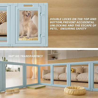 LoveTail DIY Clear Acrylic Dog Playpen House,Quick Easy Assembly and Disassembly,Strong Floor Suction,Indoor and Outdoor Use,Easy Cleansing Puppy Fence (Sky Blue, 30.3" H, 10PCS)