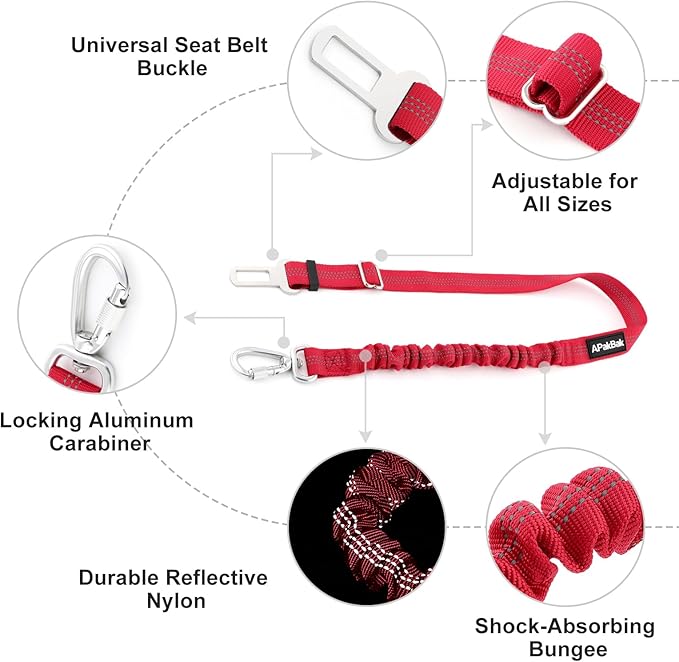APakBak Dog Seat Belt for Car, Adjustable Dog Car Harness Seatbelt for Small Medium Large Dogs, Heavy Duty Travel Safety Restraint with Locking Aluminum Hook & Reflective Nylon Strap, Red