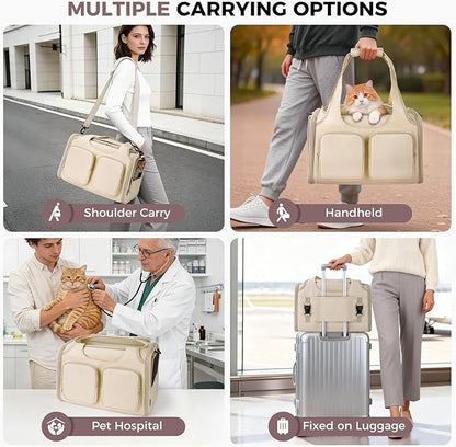 Dog, Cat Carrier for Pets Up to 15 Lbs, Airline Approved Collapsible Soft-Sided Pet Travel Bag with Locking Zippers, Breathable Mesh and 4 Large Pockets, Removable Fleece Pad (Beige)