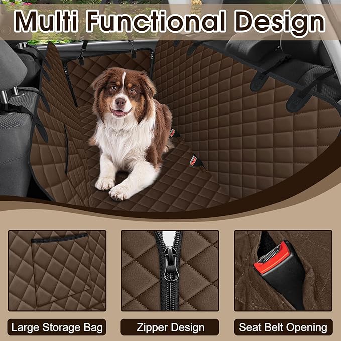 NECKORY Waterproof Dog Car Seat Cover for Back Seat - Durable, Scratch Proof Pet Hammock with Nonslip Design & Storage Pockets, Fits Cars, SUVs, Trucks - L, Coffee/Black