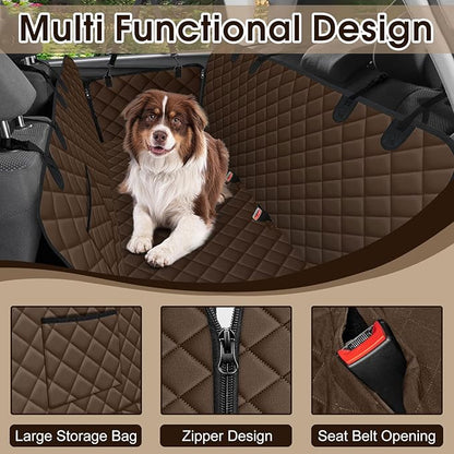NECKORY Waterproof Dog Car Seat Cover for Back Seat - Durable, Scratch Proof Pet Hammock with Nonslip Design & Storage Pockets, Fits Cars, SUVs, Trucks - L, Coffee/Black