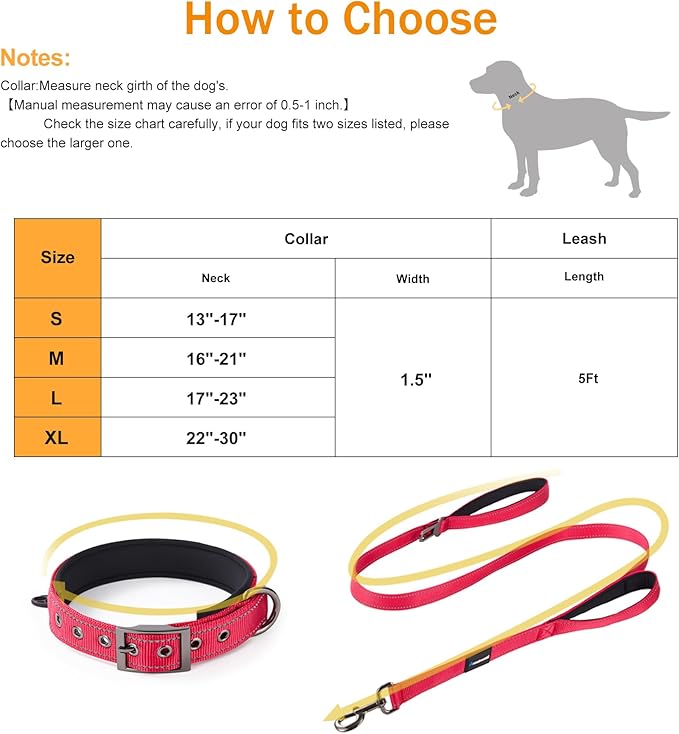 Annchwool Adjustable Dog Collar and 5 FT Leash Set with Heavy Duty Metal Buckle–Comfortable Lining Reflective Collar & Dual-Handles for Small Medium Large Dogs Walking,Running(Red Set,XL:22''-30'')
