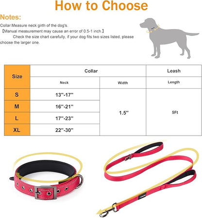 Annchwool Adjustable Dog Collar and 5 FT Leash Set with Heavy Duty Metal Buckle–Comfortable Lining Reflective Collar & Dual-Handles for Small Medium Large Dogs Walking,Running(Red Set,XL:22''-30'')