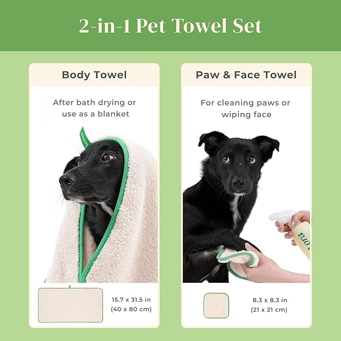 petora] Rub Me More Pet Spa Towels | Adorable Quick-Dry Dog Towels for Drying & Grooming | Soft Microfiber Towels for Dogs & Cats | 2-Piece Set for Body & Paws